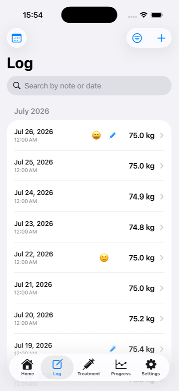 Semly's Log screen, with a list of weight entries by date