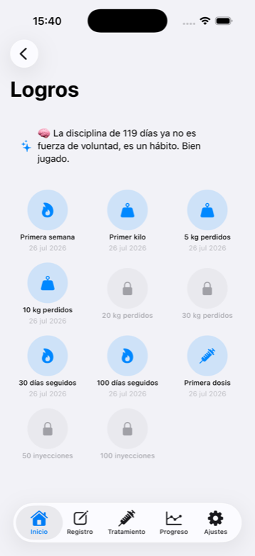Pantalla de Logros de Semly, con medallas desbloqueadas y bloqueadas
