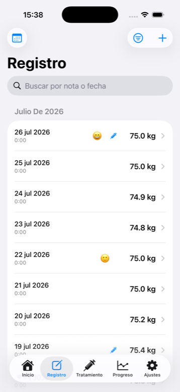 Pantalla de Registro diario de Semly, con una lista de pesos por fecha
