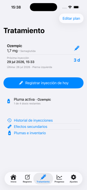 Pantalla de Tratamiento de Semly, con el plan activo y la próxima inyección